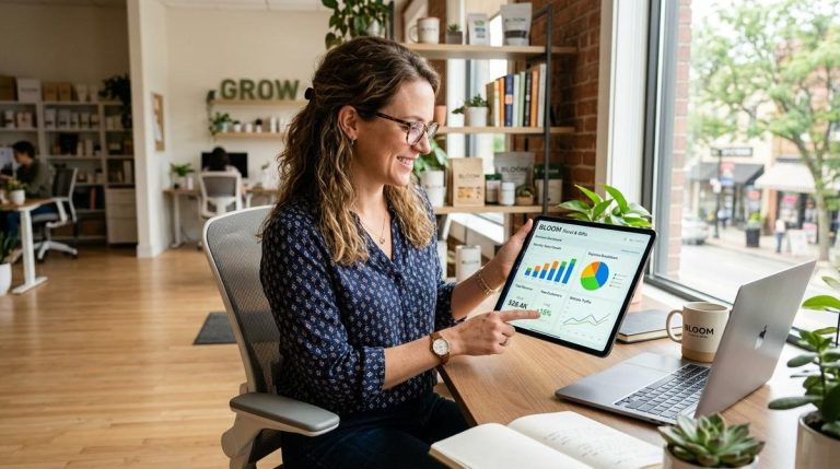 Indicadores chave que todo dono de PME deve acompanhar para tomar decisões com mais segurança 10 Mulher sorrindo enquanto aponta para um tablet com gráficos