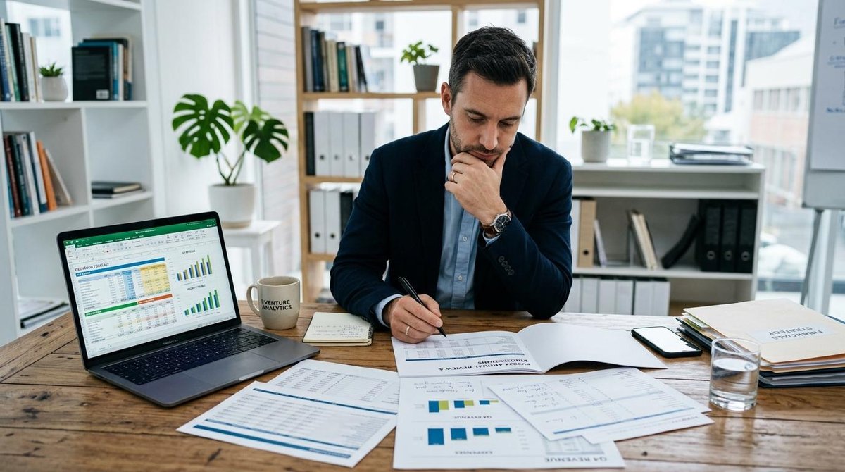 Indicadores chave que todo dono de PME deve acompanhar para tomar decisões com mais segurança 2 Homem sentado analisando gráficos em um papel com uma calculadora ao lado