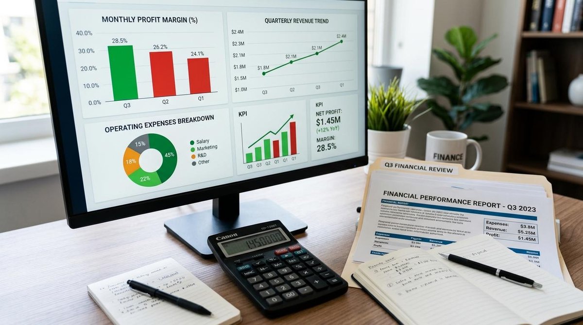 Indicadores chave que todo dono de PME deve acompanhar para tomar decisões com mais segurança 3 Computador mostrando um gráfico com uma calculadora ao lado