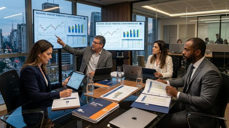Instrumentos de renda fixa para empresas no Brasil: quais são e como escolher 5 Pessoa analisa documentos financeiros e gráficos de renda fixa em uma mesa de trabalho corporativo
