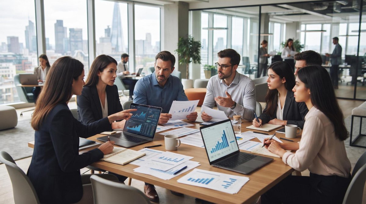 Instrumentos de renda fixa para empresas no Brasil: quais são e como escolher 2 Uma equipe financeira corporativa discute estratégias de alocação de recursos ao redor de uma mesa de conferência, com notebooks abertos e relatórios