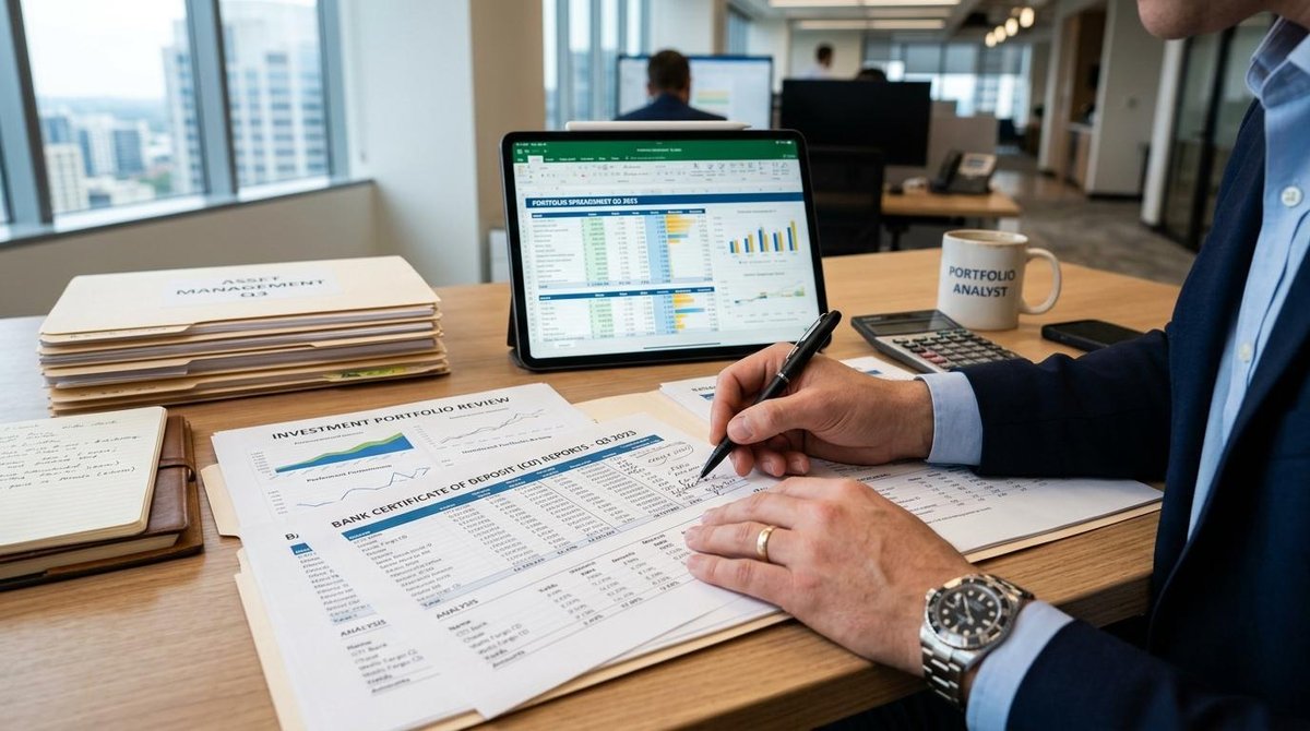 Instrumentos de renda fixa para empresas no Brasil: quais são e como escolher 3 Mãos de um profissional examinam relatórios de certificados de depósito bancário e documentos de investimento sobre uma mesa organizada, com um tablet