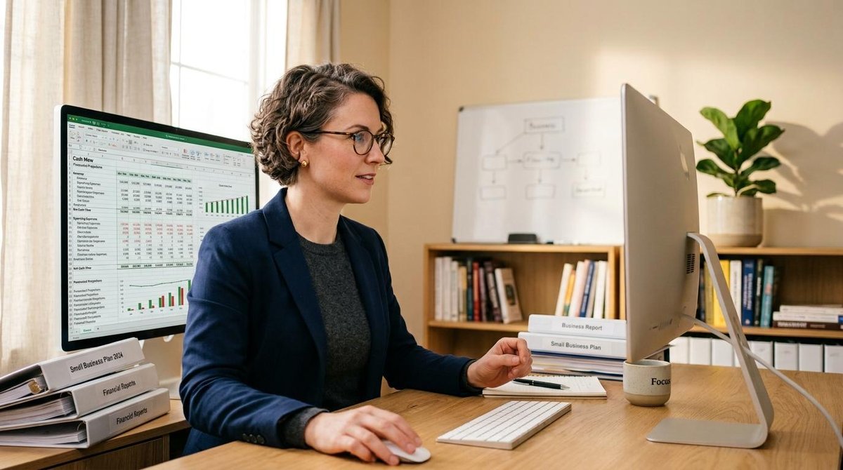 Pessoa empreendedora analisando planilhas de fluxo de caixa em uma tela de computador em um escritório limpo e organizado