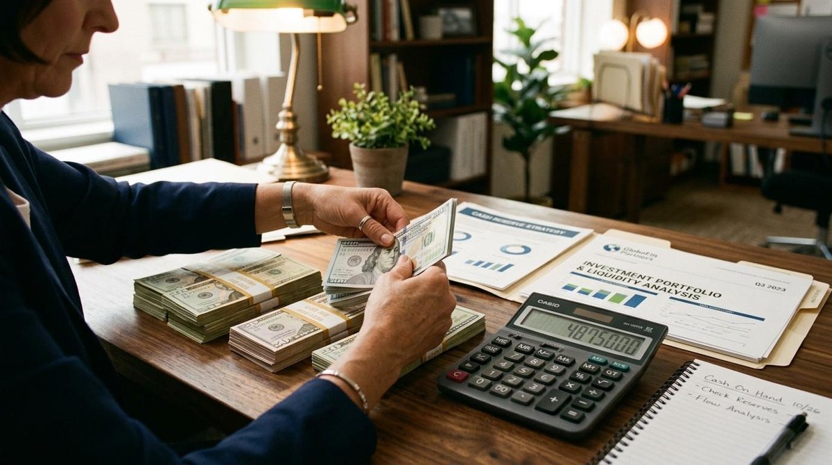 Mãos de um gestor organizando cédulas de dinheiro ao lado de uma calculadora e documentos de investimento sobre uma mesa de madeira