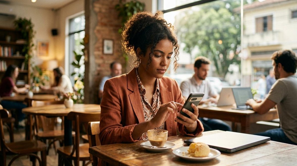 Limites do Pix no Mercado Pago para pessoa física: valores, horários e como ajustar 2 Mulher em uma cafeteria mexendo no celular