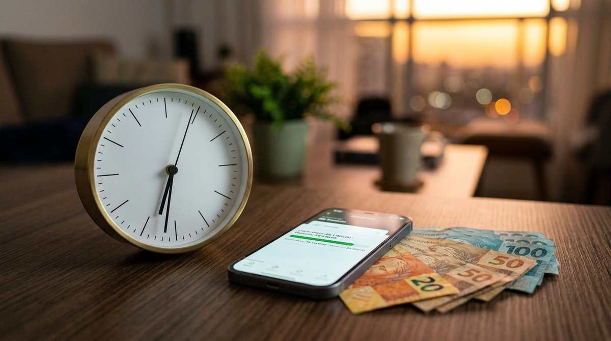 Limites do Pix no Mercado Pago para pessoa física: valores, horários e como ajustar 3 Relógio em cima de uma mesa ao lado de celular e cédulas de dinheiro