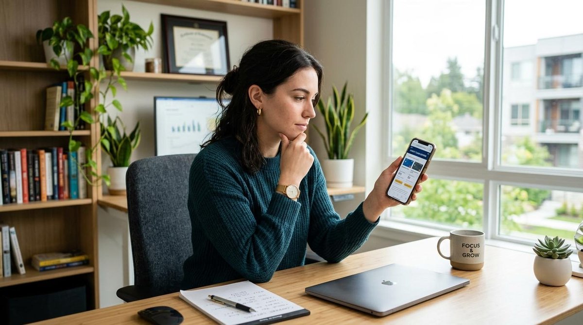 Mulher olhando para o celular com o aplicativo do banco aberto