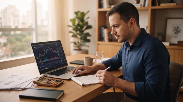 Melhor conta de investimento para pequenas empresas no Brasil: opções comparadas 8 Pessoa empreendedora analisando opções de investimento para empresa em um tablet sobre mesa de escritório