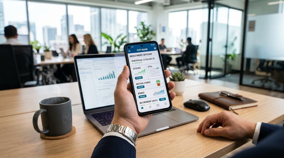Melhor conta de investimento para pequenas empresas no Brasil: opções comparadas 2 Mão de pessoa empresária segurando smartphone com aplicativo bancário aberto, mostrando opções de investimento na tela, sobre uma mesa de escritório c