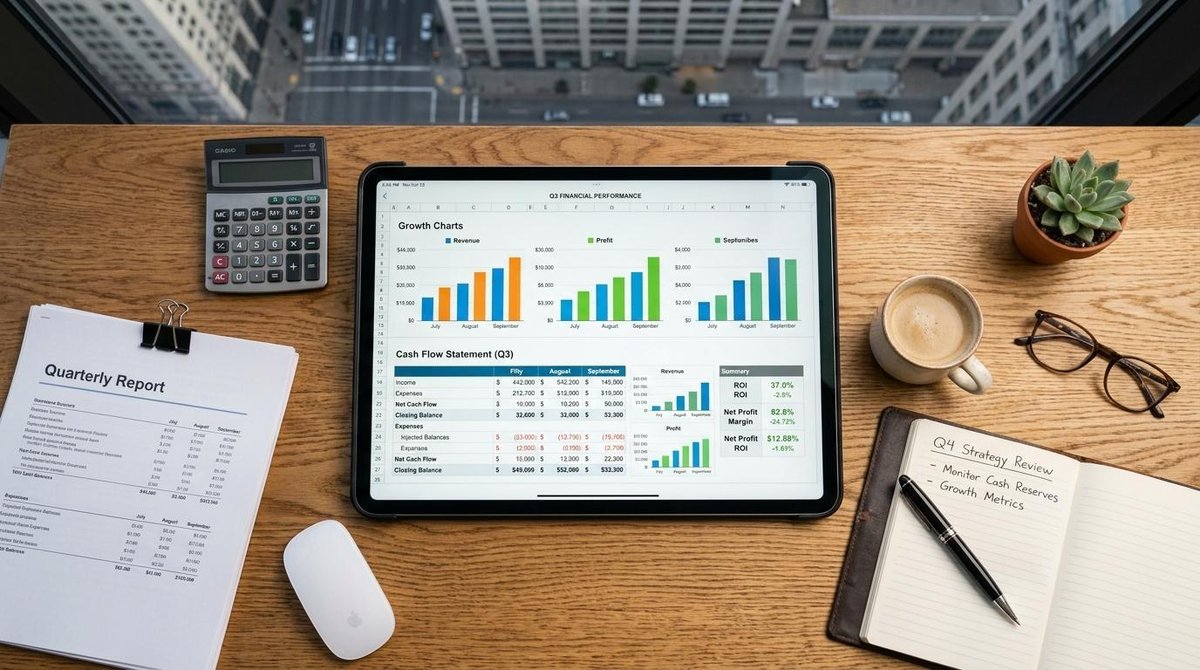 Melhor conta de investimento para pequenas empresas no Brasil: opções comparadas 3 Visão de cima de uma mesa de escritório com tablet mostrando dashboard financeiro com gráficos de crescimento, planilha de fluxo de caixa e caneta, re