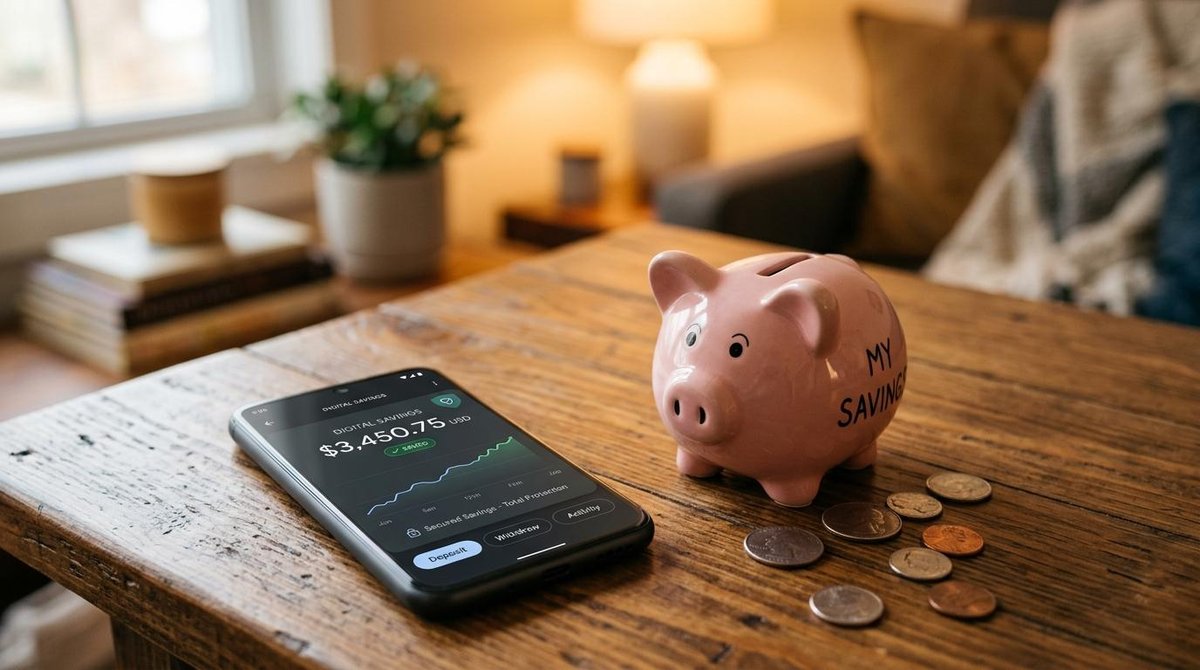 Mercado Pago é seguro para guardar dinheiro? O que avaliar antes de decidir 3 Celular ao lado de um cofrinho com moedas ao redor