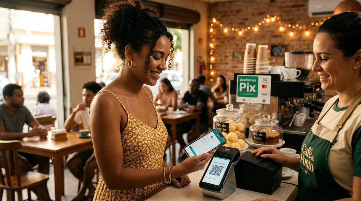Mercado Pago vs Nubank: qual é melhor para Pix e como escolher entre os dois 2 Mulher realizando um pagamento online por QR Code no Pix em um restaurante