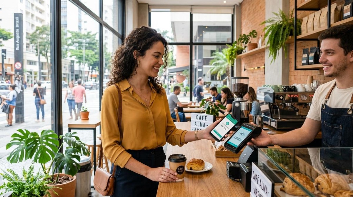 Mercado Pago vs PicPay: qual carteira digital escolher para o seu perfil financeiro 2 Mulher fazendo um pagamento por aproximação do celular na maquininha