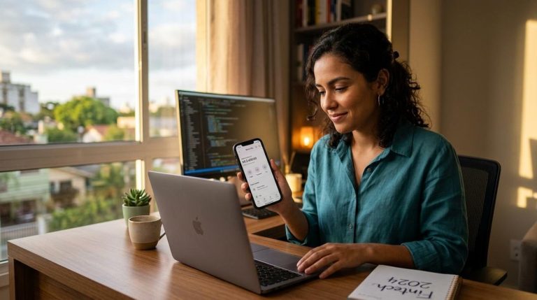 O que é Mercado Pago e como funciona no Brasil: guia com recursos e usos do dia a dia 6 Mulher na frente de um computador com um celular em mãos