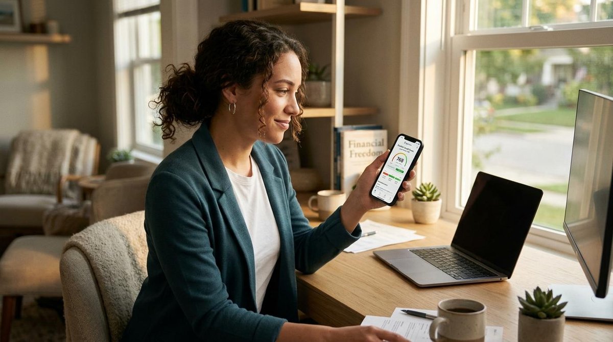 O que é o Serasa e como consultar seu score grátis para decisões financeiras 1 Mulher sentada na frente do notebook olhando o score de crédito pelo celular