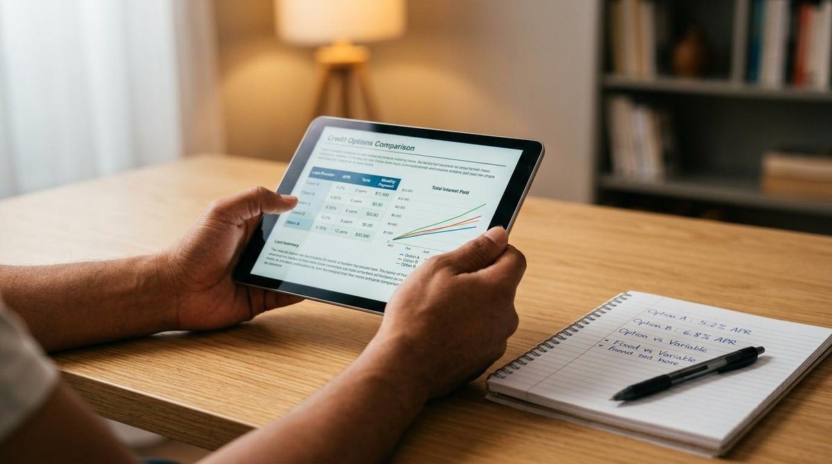 Taxa de juros em empréstimos pessoais: o que considerar antes de contratar crédito 2 Pessoa mexendo em um tablet com um caderno ao lado