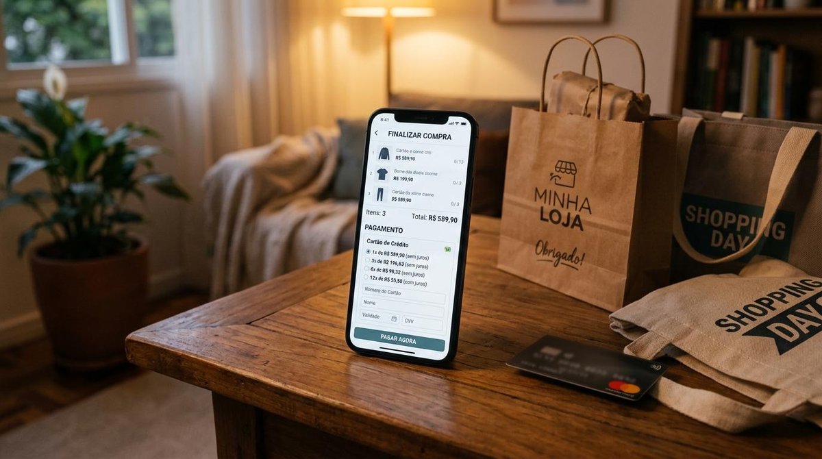 Celular aberto na aba de pagamento de produtos ao lado de bolsas de lojas