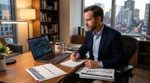 Riscos de investir em criptomoedas: o que considerar antes de aplicar seu dinheiro 2 Um investidor sentado em uma mesa de escritório limpa e organizada, com documentos financeiros e um laptop aberto, analisando informações com postura