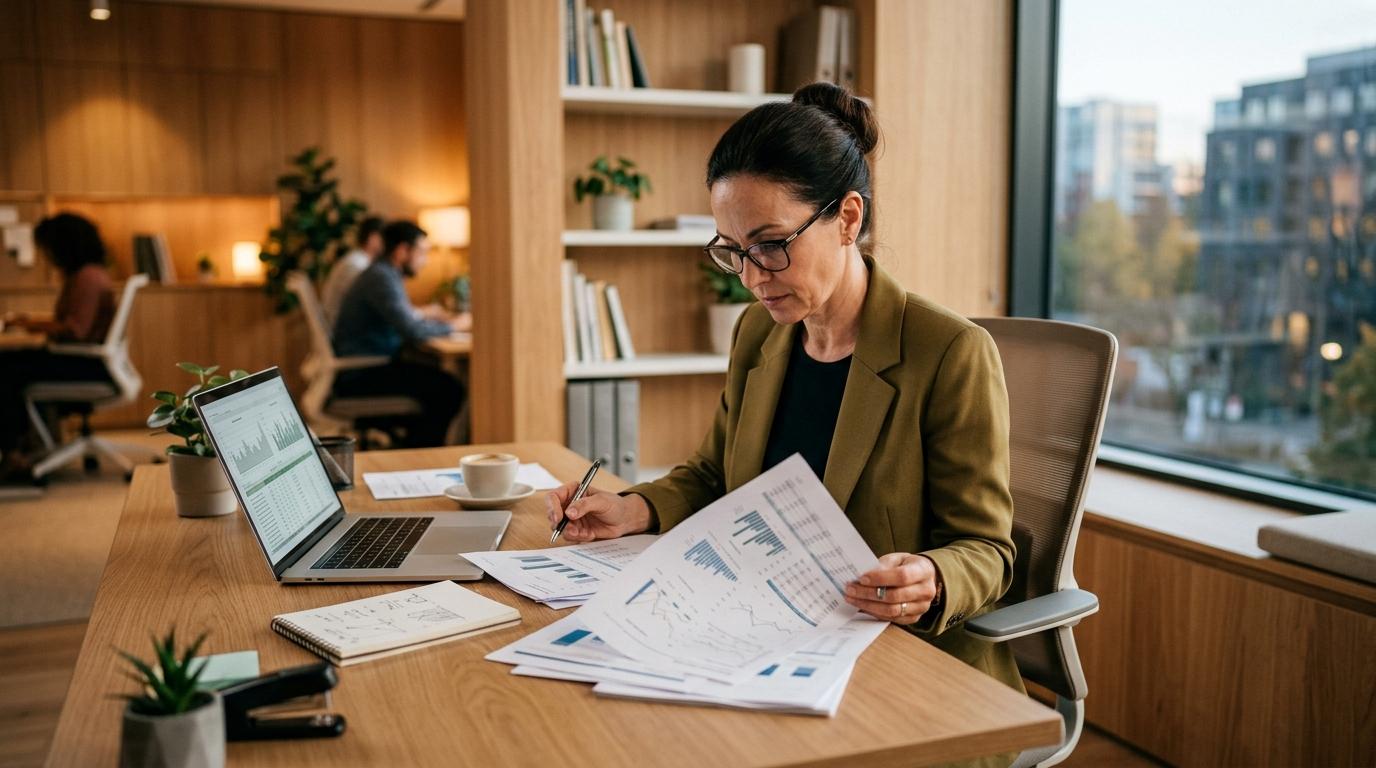 Como saber quando abrir uma segunda loja: sinais de que seu negócio está pronto 2 Pessoa concentrada revisando documentos financeiros e relatórios de desempenho em uma mesa organizada, com notebook aberto e ambiente de escritório