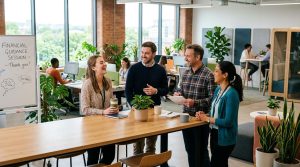 Educação financeira para funcionários: por que transformar esse conhecimento em benefício empresarial 3 Colaboradores conversando de forma leve em um ambiente de trabalho moderno após uma sessão de orientação financeira, demonstrando bem-estar e alívio,