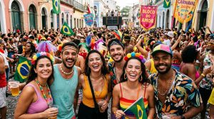 Grupo de amigos sorrindo em uma festa de carnaval de rua ao ar livre, usando acessórios coloridos simples e divertidos feitos manualmente, com pessoas
