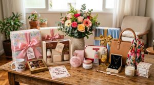 Estratégias de venda para o Dia das Mães no Brasil que vão além do óbvio 3 Uma variedade de presentes para o Dia das Mães dispostos sobre uma mesa de madeira, incluindo caixas embrulhadas com fitas decorativas, produtos de be
