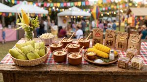 Como vender mais nas festas juninas: estratégias que vão além das barraquinhas 3 Uma mesa de madeira rústica com comidas típicas de festas juninas dispostas de forma atraente, incluindo canjica em potes individuais, pamonha, milho