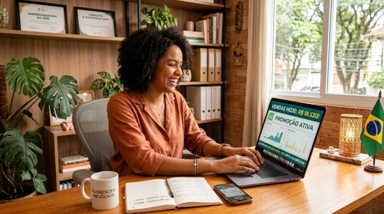 Como aproveitar o Cyber Monday como pequeno empreendedor e aumentar suas vendas 28 Pessoa empreendedora organizando produtos em uma mesa enquanto consulta o celular para planejar vendas online