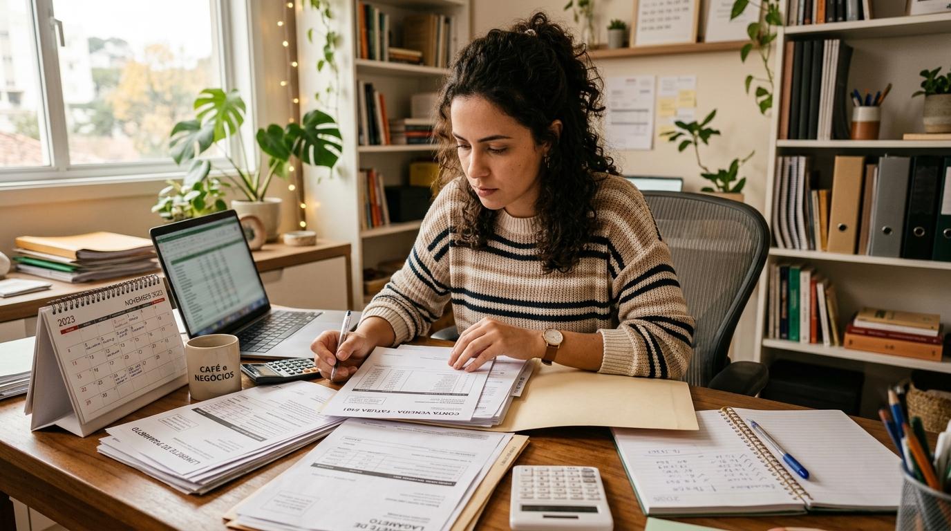 Sinais de que minha PME precisa de mais capital e como agir a tempo 3 Pequena empresária sentada à mesa revisando contas vencidas e lembretes de pagamento, com um calendário e documentos espalhados sobre a mesa