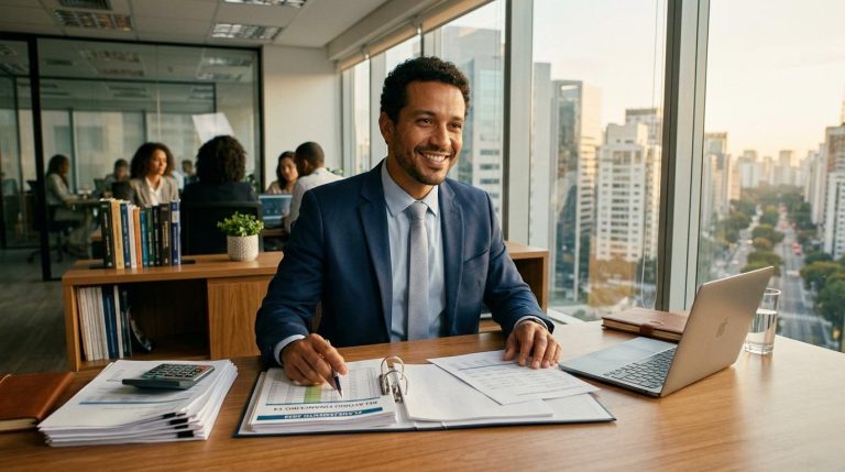 Como consolidar as dívidas da sua PME para crescer com mais controle financeiro 25 Pessoa empreendedora analisando planilha de dívidas empresariais em um notebook sobre mesa de escritório
