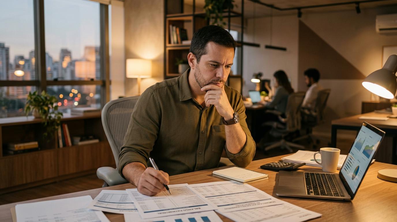 Como levantar capital como PME brasileira: opções, estratégias e caminhos viáveis 2 Pequeno empresário em ambiente de escritório contemporâneo examinando demonstrativos financeiros e relatórios contábeis, com expressão pensativa
