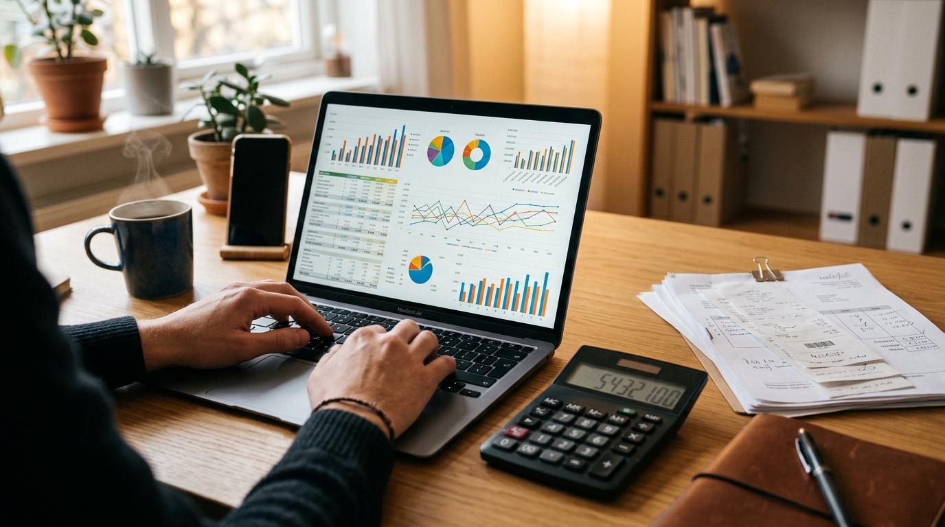 Sinais de que minha PME precisa de mais capital e como agir a tempo 2 Primeiro plano de mãos trabalhando em um laptop com planilhas e gráficos de fluxo de caixa abertos na tela, com uma calculadora e notas fiscais