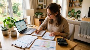 Como montar um plano de aposentadoria para autônomos em etapas práticas 2 Pessoa realizando diagnóstico financeiro em mesa de trabalho, com extratos bancários, planilha de gastos mensais e calculadora, ambiente residencial i