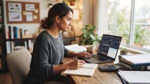 Como consolidar as dívidas da sua PME para crescer com mais controle financeiro 2 Empreendedora concentrada analisando planilhas financeiras em notebook em escritório iluminado, com calculadora e documentos organizados sobre a mesa,