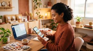 Como aproveitar o Cyber Monday como pequeno empreendedor e aumentar suas vendas 2 Empreendedora focada em seu smartphone, gerenciando pedidos e divulgando produtos em redes sociais, em um ambiente de trabalho limpo e profissional co