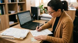Como fechar um negócio no Brasil sem problemas legais: guia com cada etapa do processo 2 Profissional analisando uma checklist impressa com documentos fiscais e CNPJ sobre a mesa, com notebook aberto e caneta marcando etapas concluídas, to