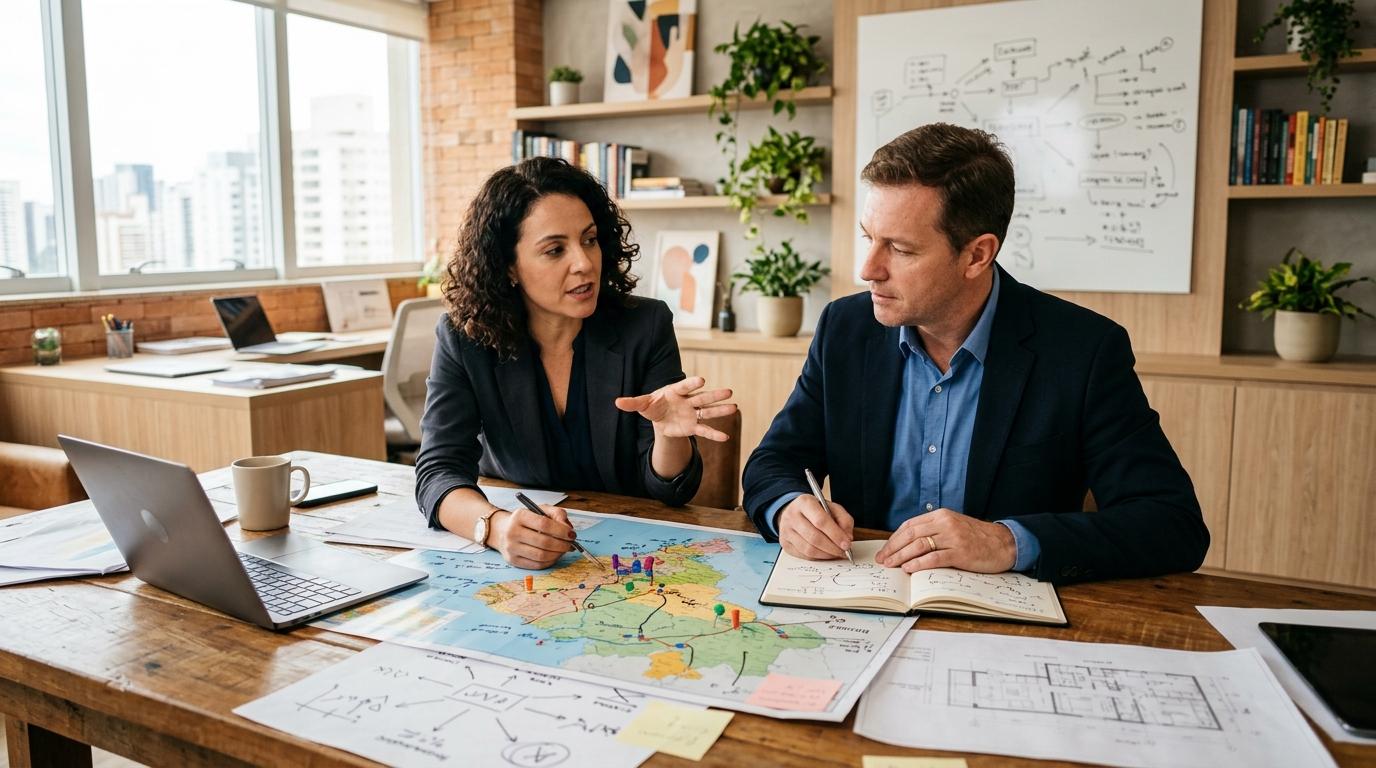 Como saber quando sua PME está pronta para franquear e expandir com segurança 2 Dois sócios de uma pequena empresa discutindo estratégia de franqueamento em um escritório contemporâneo, com um mapa de expansão e notas estratégicas