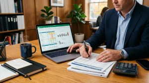 Como fazer uma análise vertical e horizontal do seu negócio e tomar decisões com mais segurança 2 Hombre trabajando en un informe financiero con portátil y calculadora