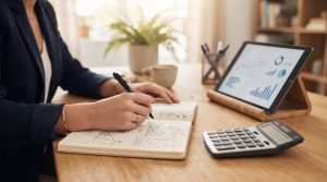 DRE da sua PME: como montar e interpretar esse relatório na prática 2 Mãos de gestora anotando indicadores financeiros em caderno aberto ao lado de calculadora e tablet com gráficos, ambiente de trabalho organizado com t