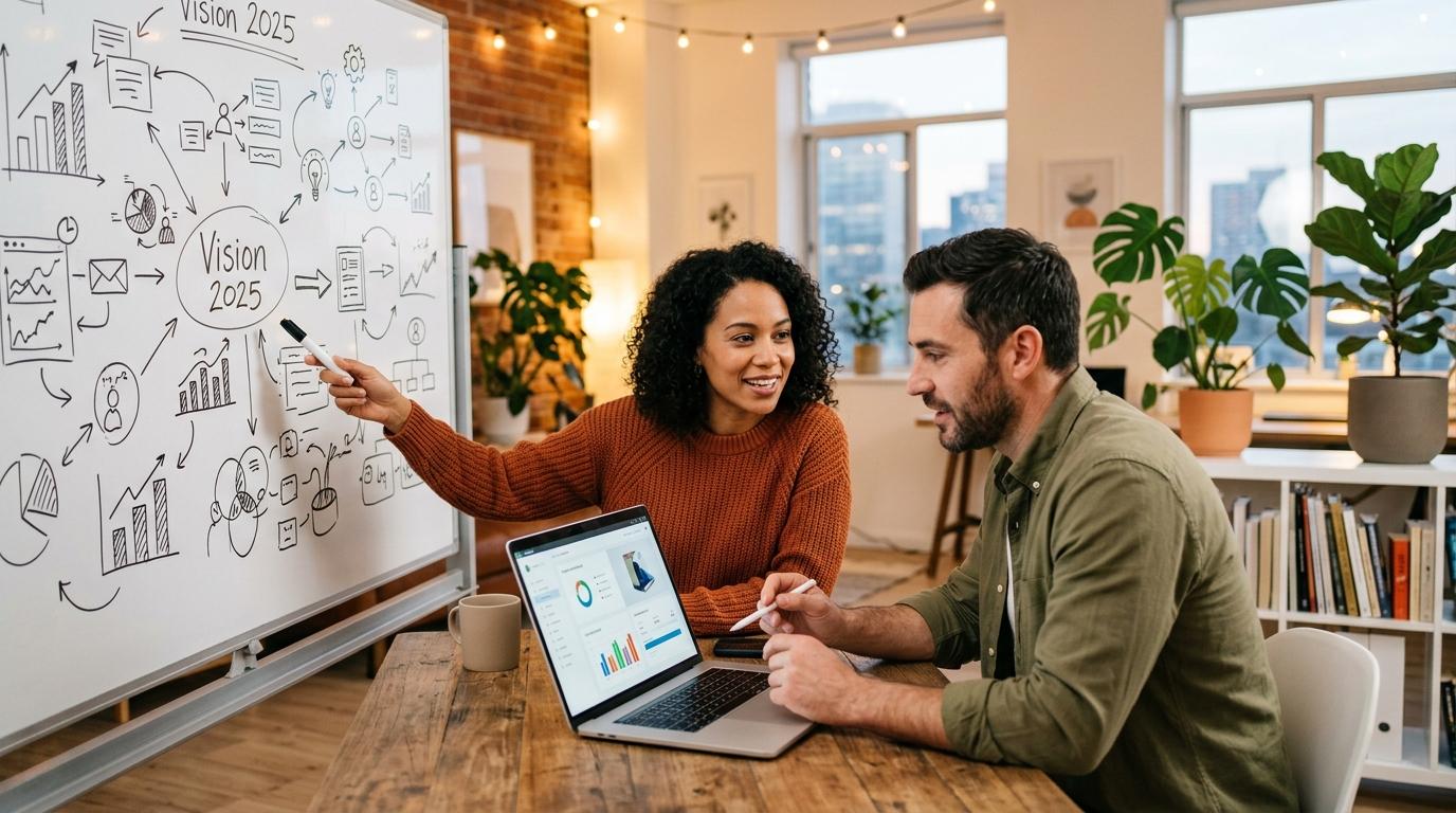 Dois empreendedores colaborando em um laptop e um quadro branco em um escritório acolhedor, demonstrando habilidades complementares e visão de futuro,