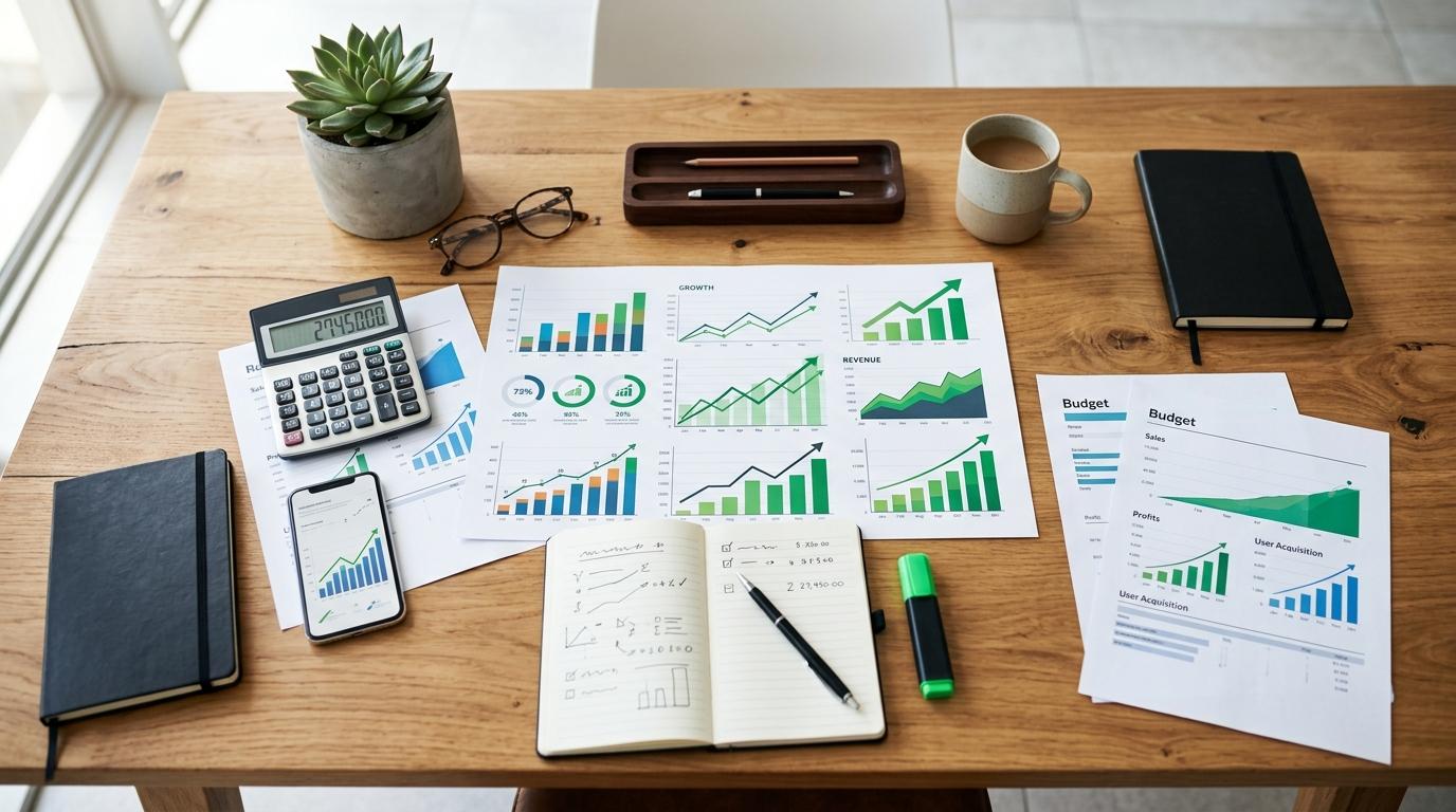 Como saber quando abrir uma segunda loja: sinais de que seu negócio está pronto 3 Visão de cima de uma mesa de trabalho com gráficos de crescimento, calculadora e documentos de planejamento financeiro organizados