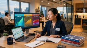 Como projetar metas financeiras realistas para sua PME e sair do achismo 3 Profissional analisando três cenários de projeção em gráficos coloridos sobre uma mesa de trabalho, com laptop, xícara de café e relatórios financeiro