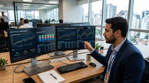 Como fazer uma análise vertical e horizontal do seu negócio e tomar decisões com mais segurança 3 Profissional brasileiro comparando indicadores financeiros em dois monitores lado a lado em um escritório moderno, com gráficos visíveis na tela e amb