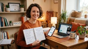 Como investir na sua aposentadoria sendo empreendedor e construir renda além do INSS 2 Pessoa empreendedora segurando um smartphone e um caderno aberto com anotações sobre contribuição previdenciária, em uma mesa de trabalho organizada c
