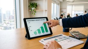 Como investir na sua aposentadoria sendo empreendedor e construir renda além do INSS 3 Mão de um empreendedor apontando para um gráfico de crescimento de investimentos em uma tela de tablet, com documentos financeiros e uma calculadora s