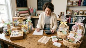 Como aumentar vendas na Páscoa para pequenos negócios com estratégias que funcionam 3 Mesa de planejamento com kits de presentes de Páscoa montados, produtos organizados em embalagens atrativas, calculadora e etiquetas de preço, ambient