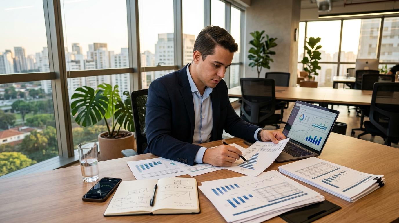 Como levantar capital como PME brasileira: opções, estratégias e caminhos viáveis 1 Pessoa empreendedora analisando documentos financeiros e projeções de captação de capital para sua pequena empresa