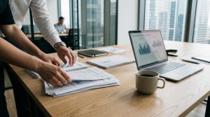 Como consolidar as dívidas da sua PME para crescer com mais controle financeiro 3 Manos revisando documentos sobre una mesa de oficina con portátil y café