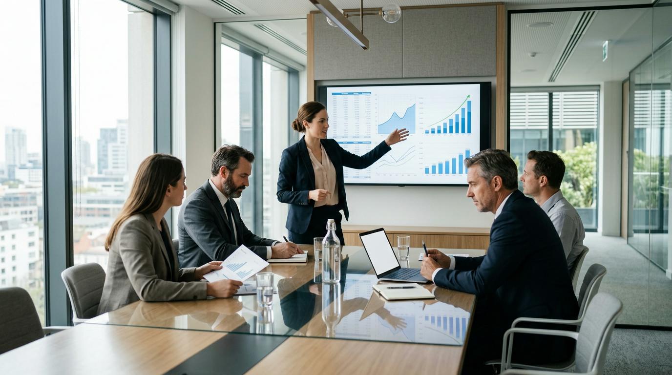 Como levantar capital como PME brasileira: opções, estratégias e caminhos viáveis 3 Reunião profissional em sala de reuniões moderna com empreendedores apresentando projeções financeiras para potenciais investidores