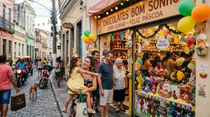 Como aumentar vendas na Páscoa para pequenos negócios com estratégias que funcionam 2 Pequena loja local movimentada durante período de Páscoa, clientes apreciando produtos em vitrines decoradas com elementos festivos, ambiente vibrante